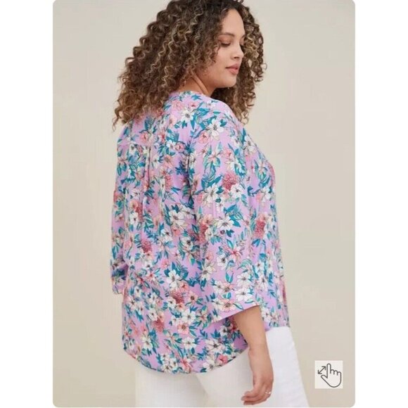 Torrid Harper Pullover Blouse Challis Floral Purple 3/4 Roll Tab Sleeve Size 1X - Picture 10 of 14